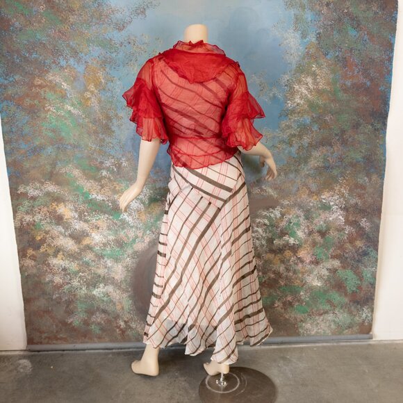 SOLD * 1930s Bias-Cut Plaid Maxi Dress w/Red Sheer Ruffle Overlay Set - Picture 7 of 17